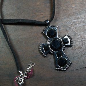 Gothic Black Rhinestone Cross Suede Necklace
